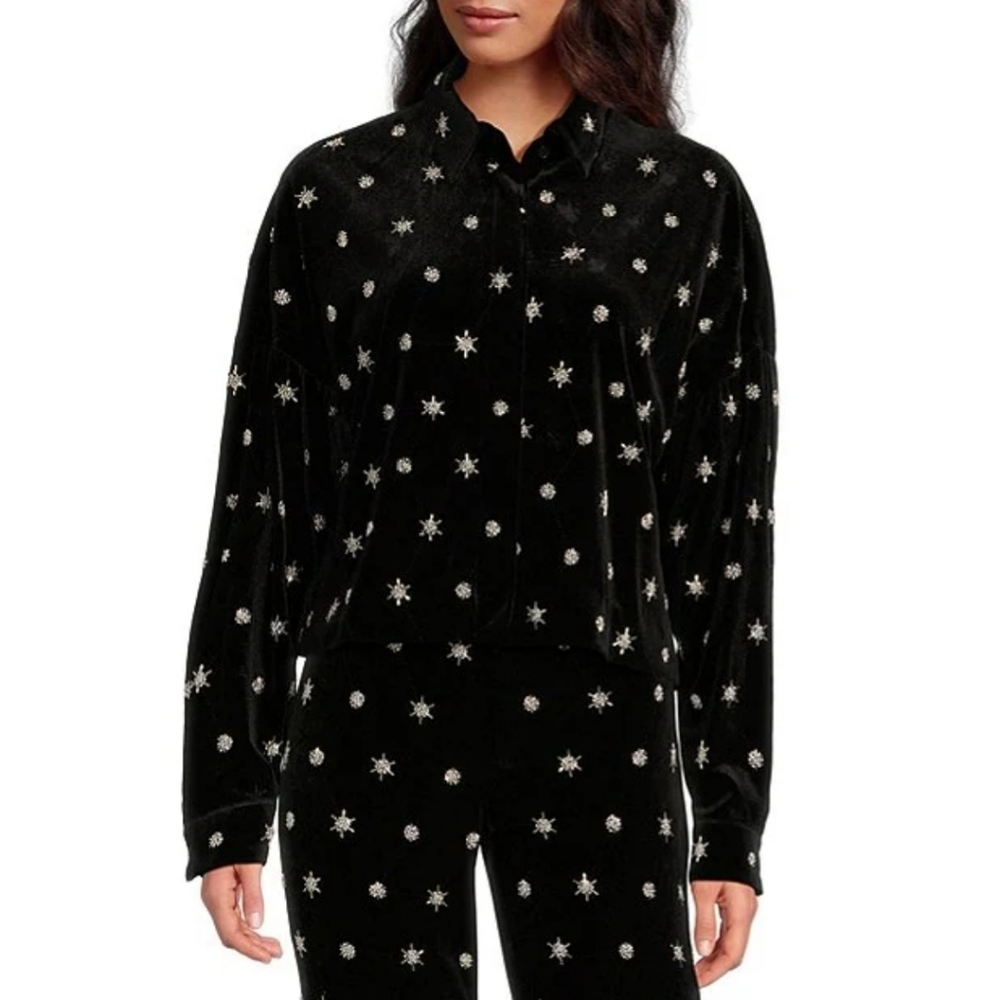 Chelsea & Violet Allegra Velvet Beaded Stars Point Collar  Long Sleeve Blouse